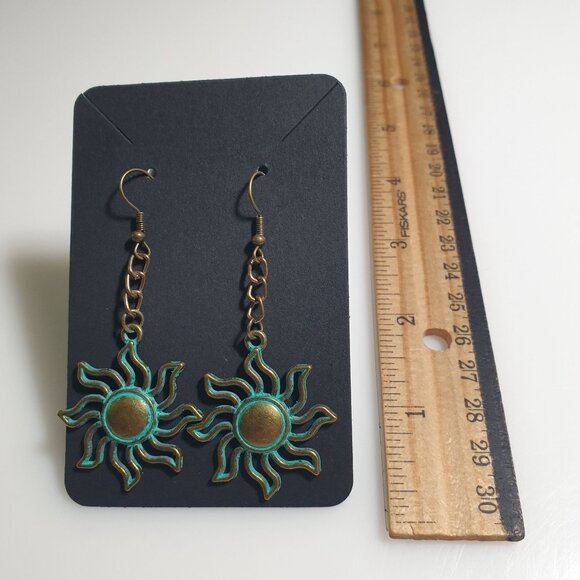 Sunburst Dangle Earrings Patina Chain Handmade Beach Boho Jewelry Core Earth - Picture 4 of 5